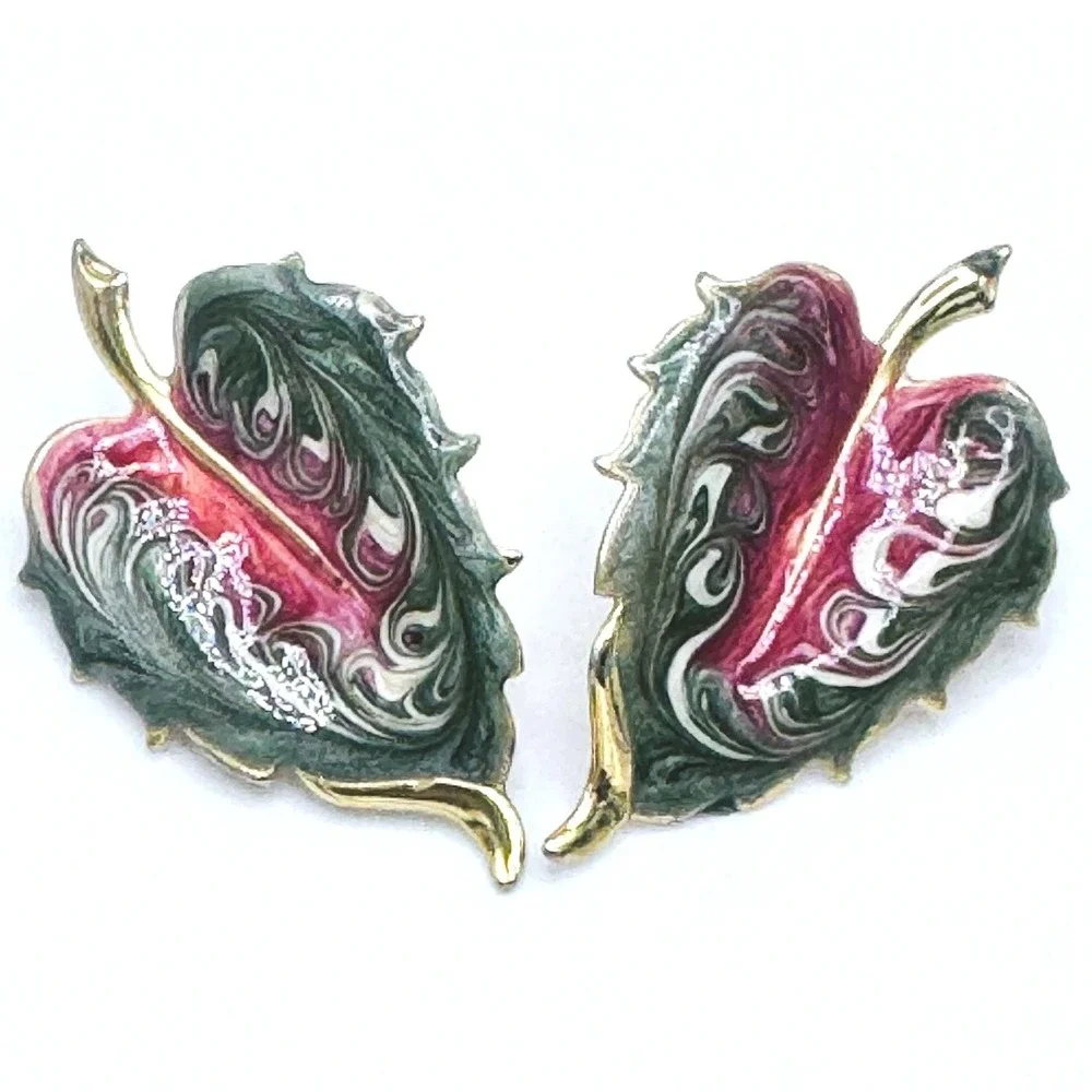 Vintage Enamel Leaf Earrings Gold Tone Fall Autumn‎ Nature Statement Studs